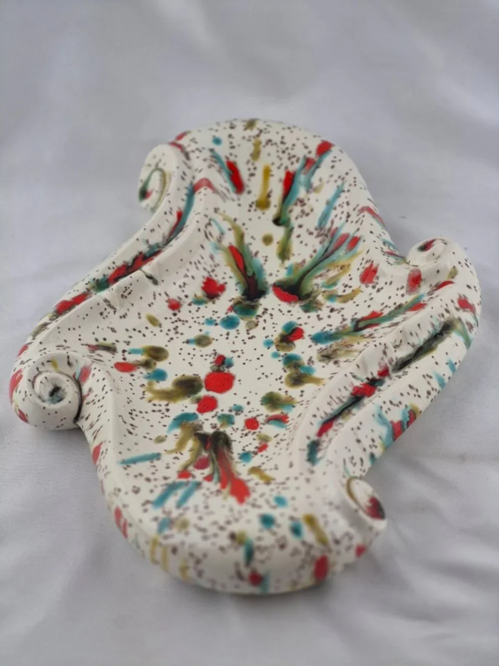 Speckled Ceramic Ashtray Drip Glaze Splatter Mid Century Modern Red Turquoise